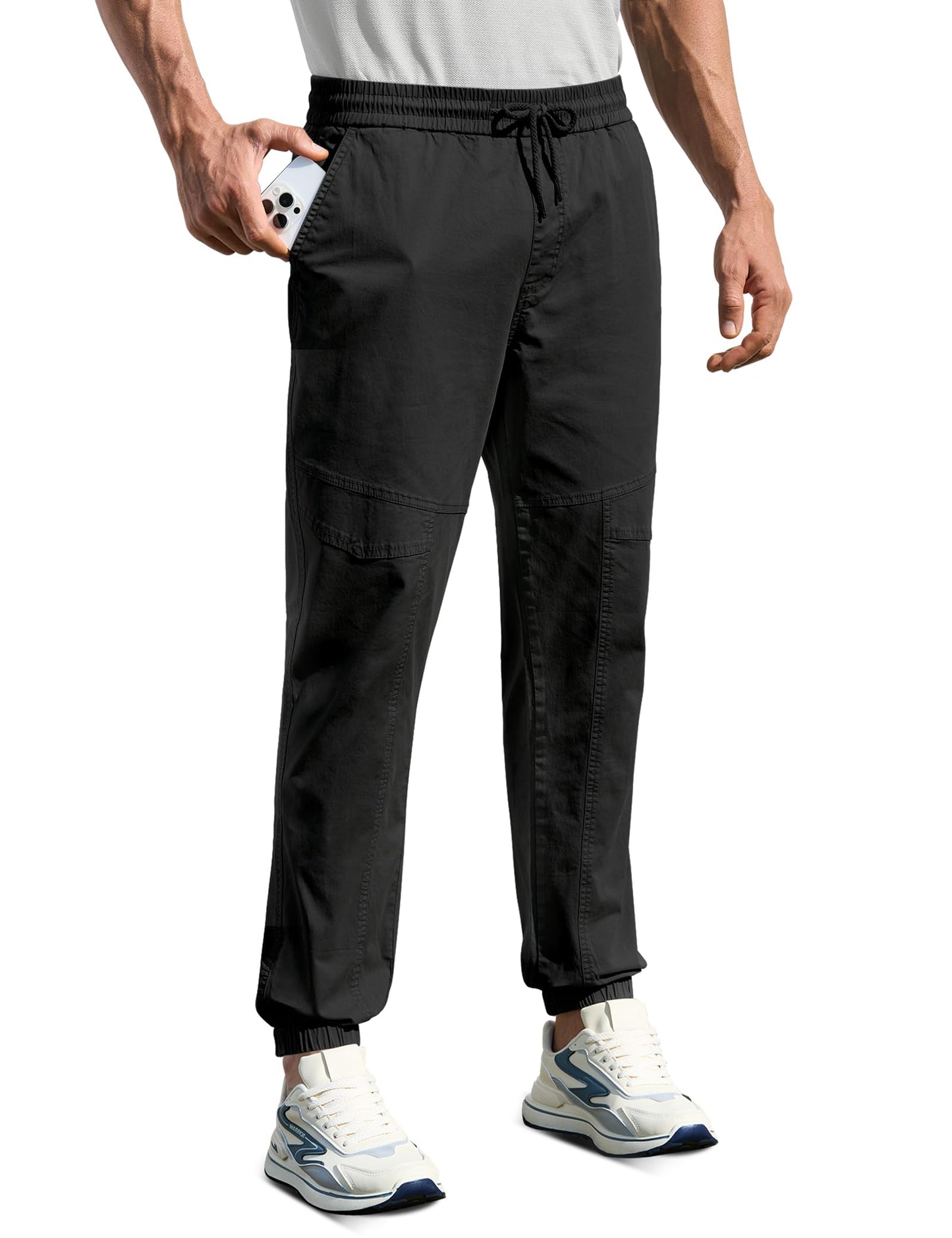 Cotton Mens Casual Pants Tapered - Drawstring Cargo Pants for Men Golf Gym Hiking Black