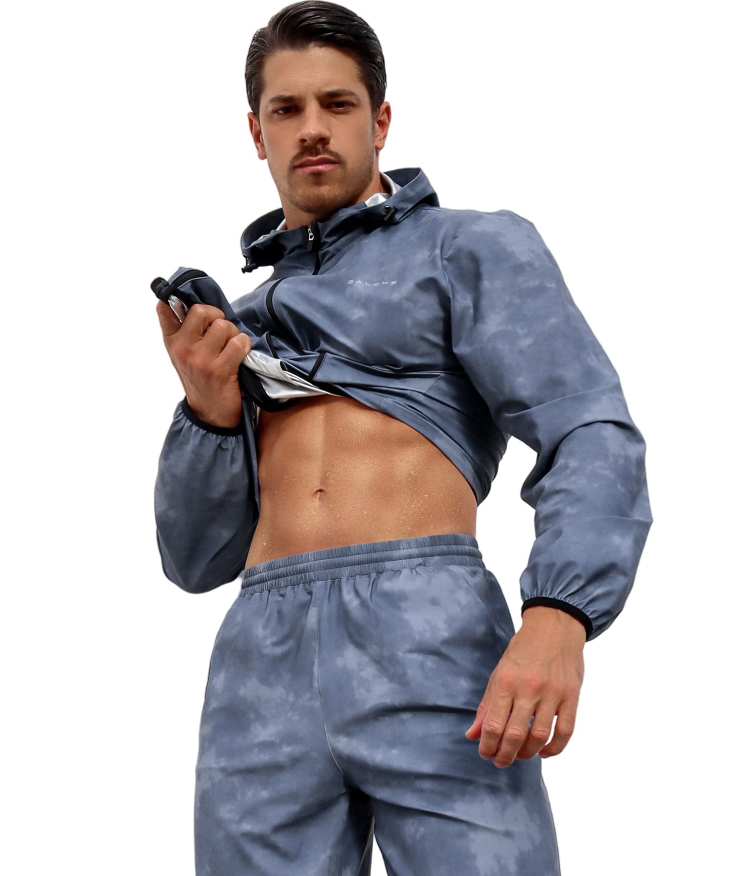 GALCHE Sauna Suit for Men Sweat Weight Loss Sauna Jacket Pant 2Piece Set Gym Workout Sweat Suits Boxing Clothes Blue Gray Medium