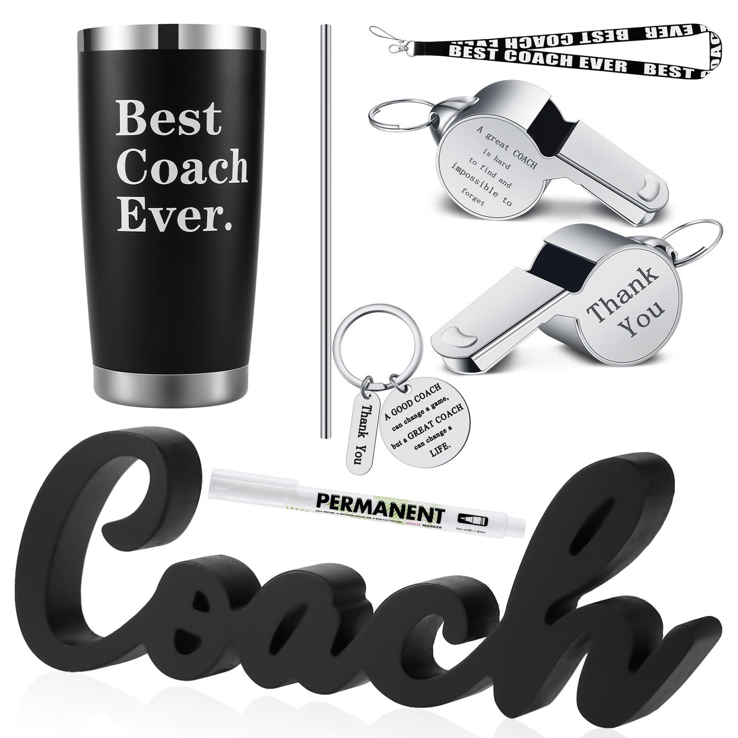 6 Pieces Coach Gifts Coach Keychain Football Soccer Hockey Volleyball Baseball Coach Gifts for Men Coach Whistle with Lanyard Stainless Steel Travel Mug for Men Women Referees Sports Swim Dive Gym