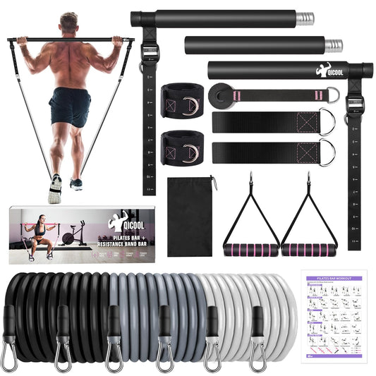 Pilates Bar Kit with Resistance BandsQicool Pilates Resistance Bands Exercise Fitness Equipment for Women & Men Home Gym Yoga Pilates (Black(20/30/50lbs))
