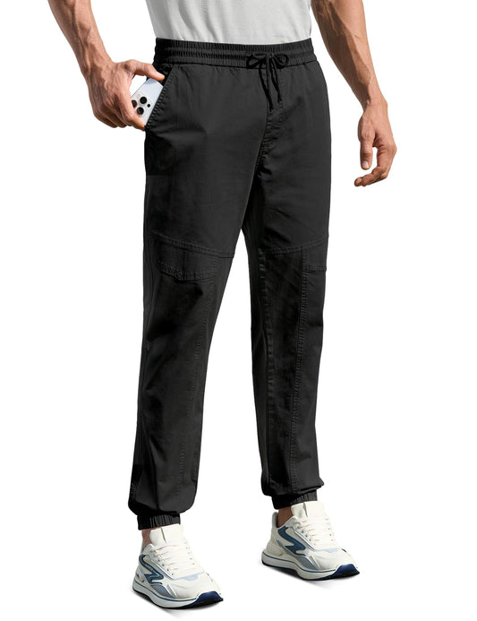 Cotton Mens Casual Pants Tapered - Drawstring Cargo Pants for Men Golf Gym Hiking Black