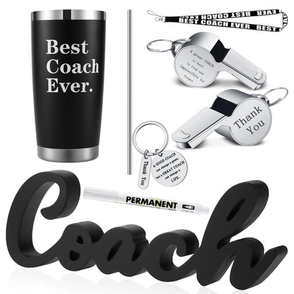 6 Pieces Coach Gifts Coach Keychain Football Soccer Hockey Volleyball Baseball Coach Gifts for Men Coach Whistle with Lanyard Stainless Steel Travel Mug for Men Women Referees Sports Swim Dive Gym
