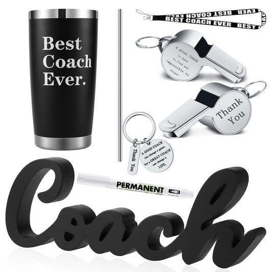 6 Pieces Coach Gifts Coach Keychain Football Soccer Hockey Volleyball Baseball Coach Gifts for Men Coach Whistle with Lanyard Stainless Steel Travel Mug for Men Women Referees Sports Swim Dive Gym