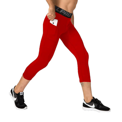 3/4 Mens Compression Pants Cool Dry Fit Leggings Men Workout Base Layer Red Running Gym Capri Tights for Football with Pocket