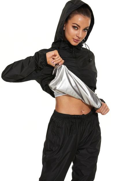 YYQ Sauna Suit for Women Weight Loss Sauna Jackets Sweat Pants Gym Boxing Workout Tops Hoodies Sweat Suit for Women Plus Size (Black Jacket and Pants Small)