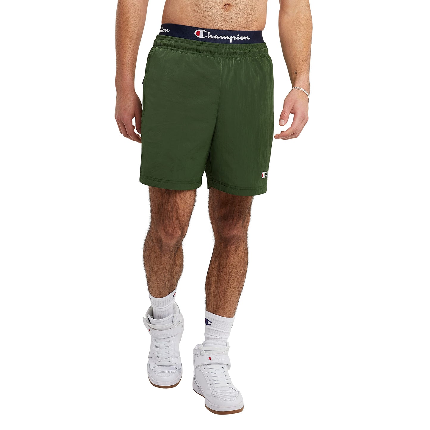 Champion Warm Nylon Gym Men Athletic Shorts 6" Native Fern Green Small Script