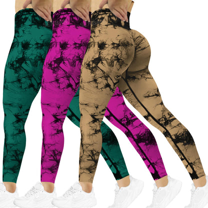 SENBAN Women Scrunch Workout Leggings: Butt Lifting High Waisted Yoga Pants - Tie Dye Seamless Booty 3 Pack Gym Leggings Rose Brown Green M